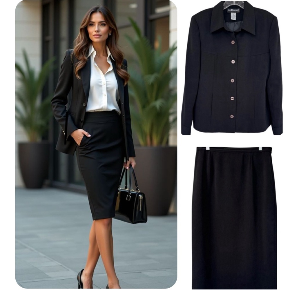 Professional Power Suit Blazer Skirt Set Executive Dress Jacket Work Event Black